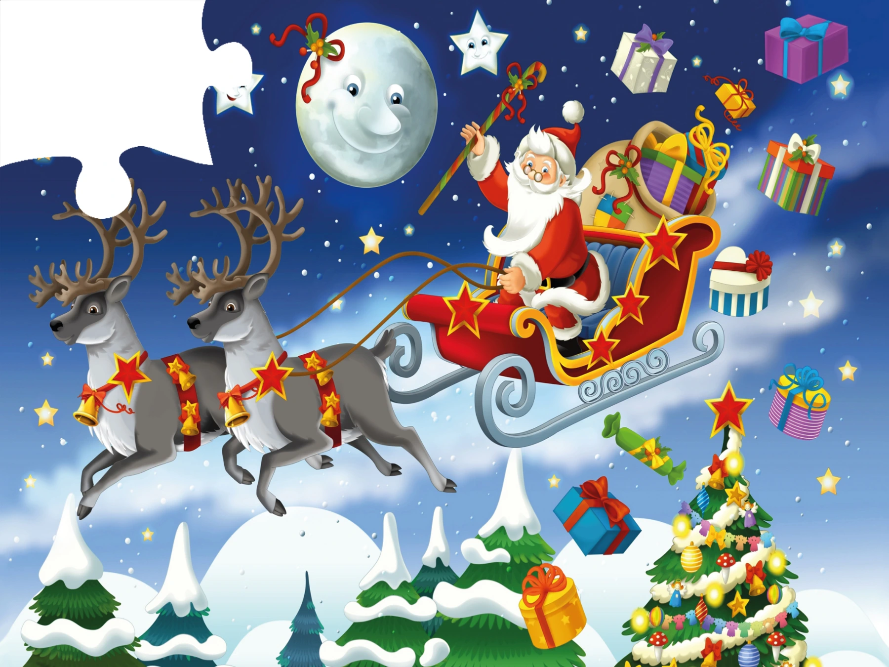 Cartoon Christmas scene from the Articulate Christmas jigsaw, with one piece missing.