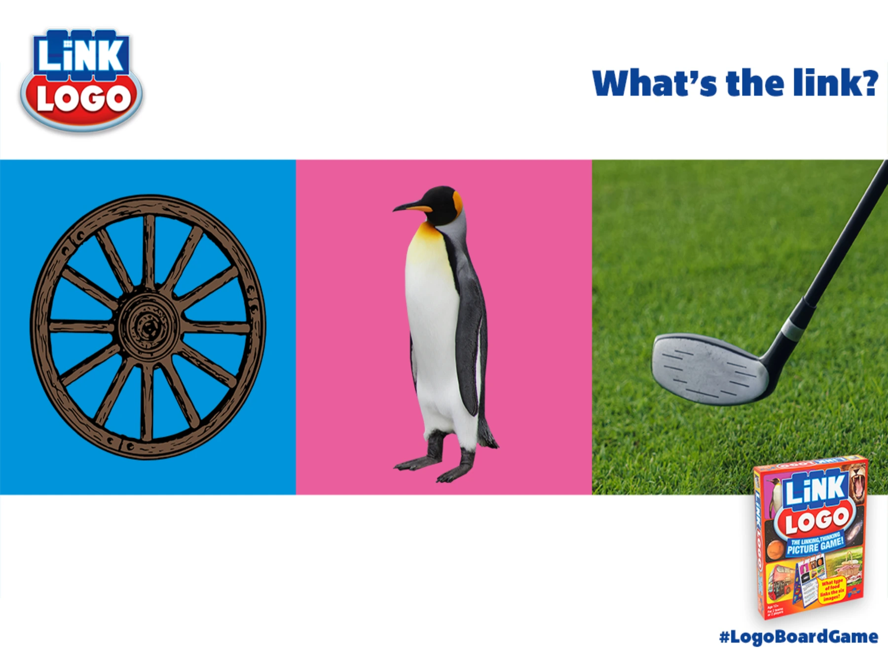An example Link Logo puzzle shows photos of a wagon wheel, a penguin and a golf club.